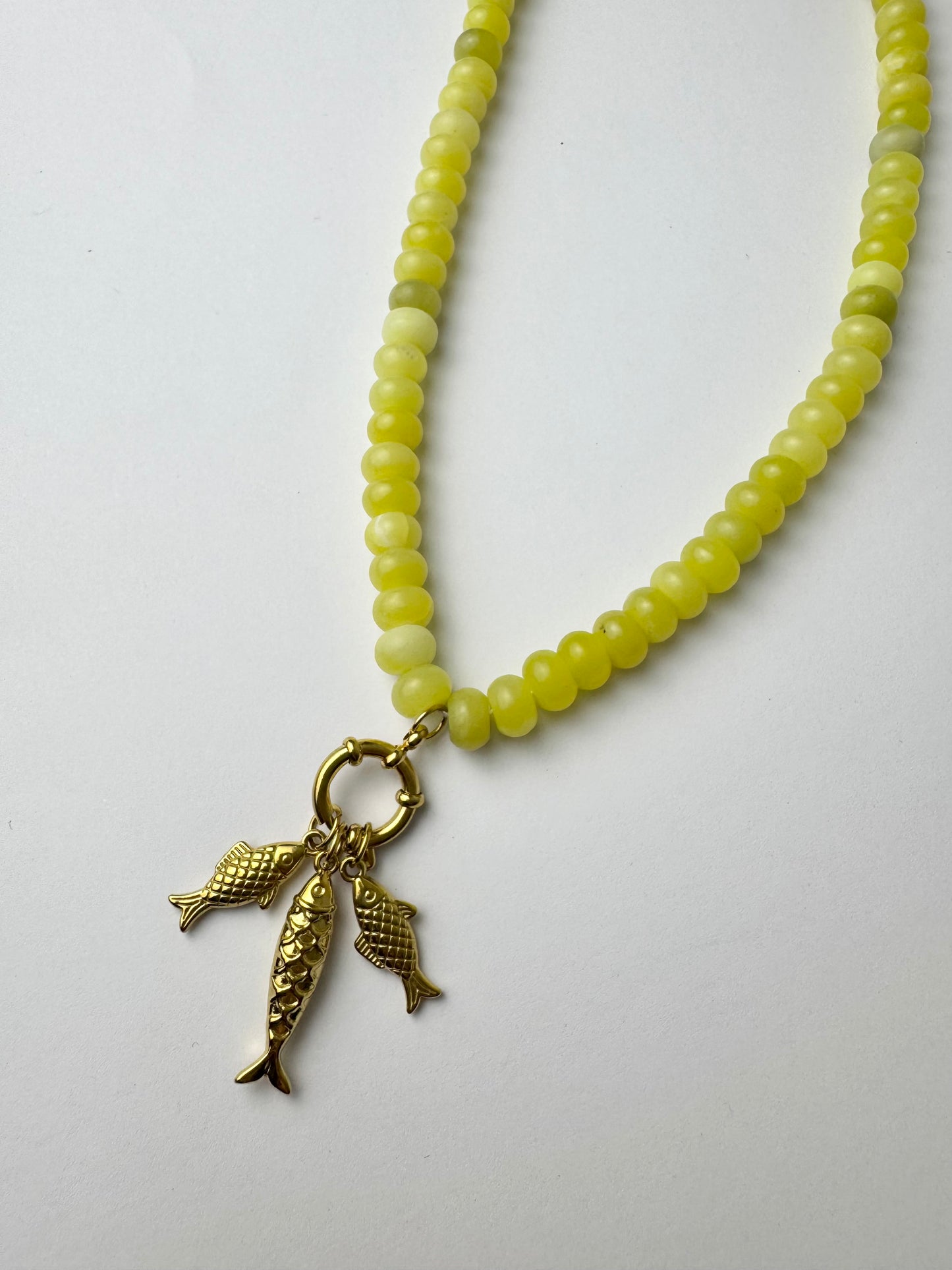Green Beaded Triple Fish Necklace