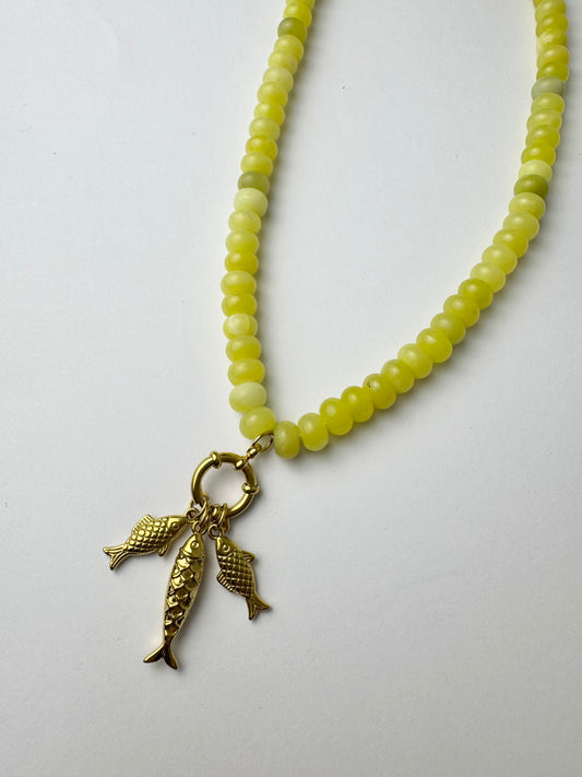Green Beaded Triple Fish Necklace