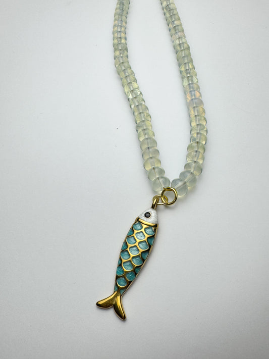 Clear Beaded Blue Fish Necklace