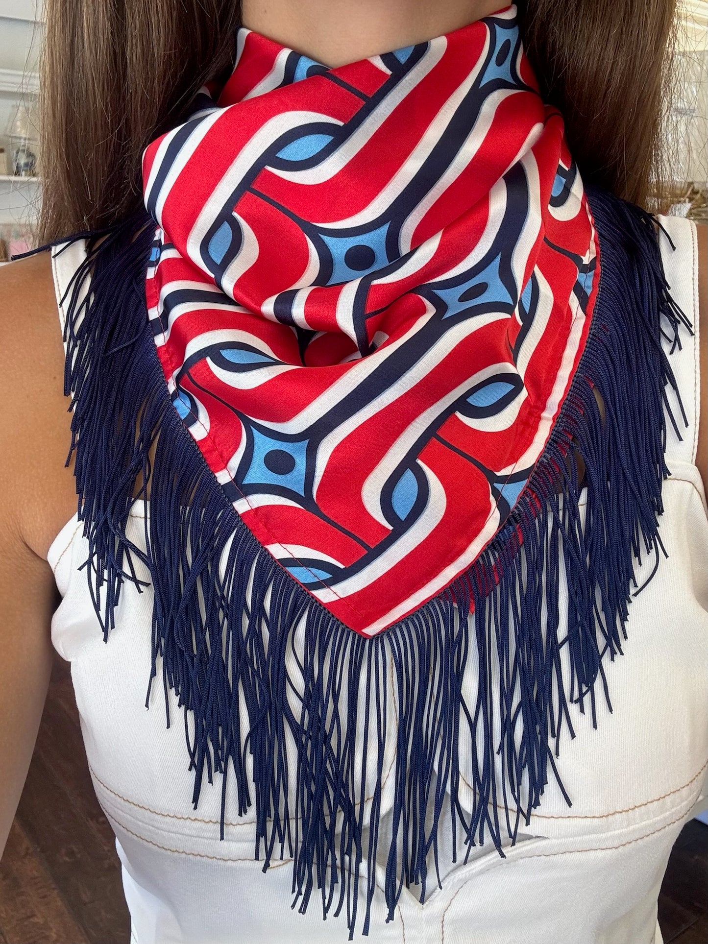 Red and Blue Fringe Scarf