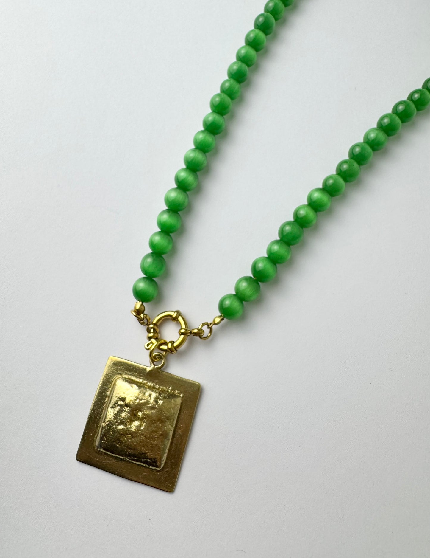 Green Beaded Necklace with Square Charm