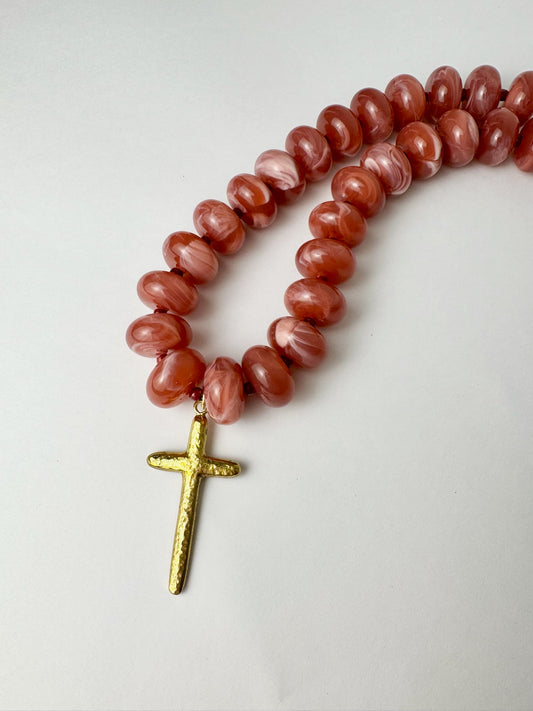 Pink Marble Beaded Cross Necklace
